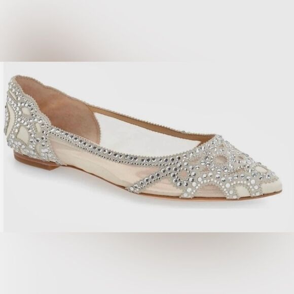 Badgley Mischka Gigi Crystal Pointed Ivory Flats - Picture 3 of 15
